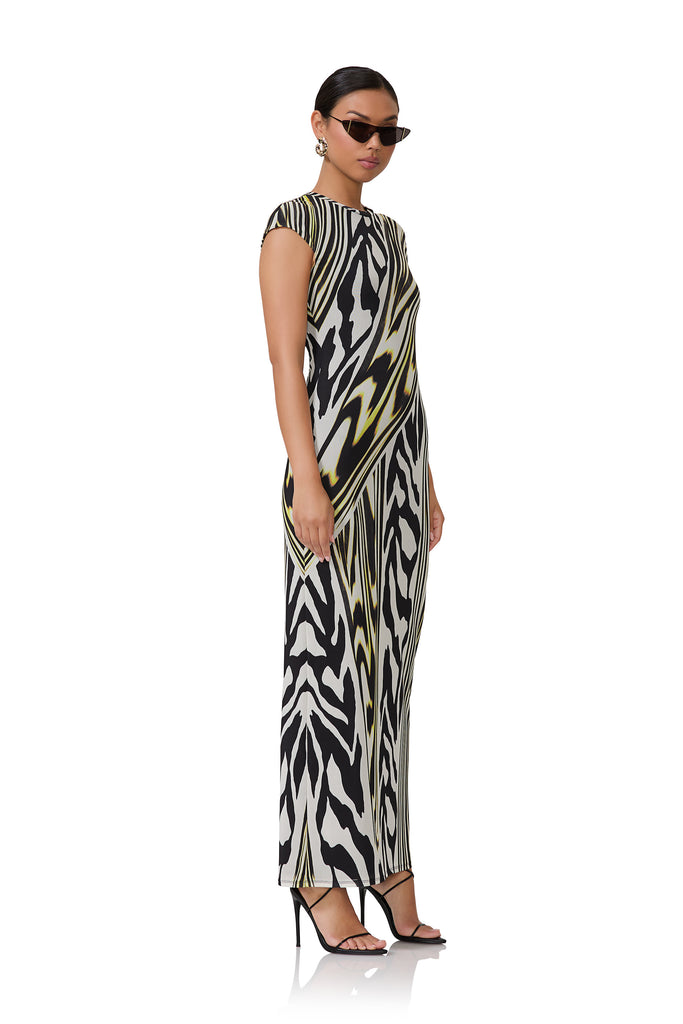 women's maxi length t-shirt shaped dress with capped sleeve in zebra lime print