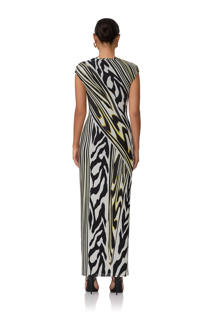 women's maxi length t-shirt shaped dress with capped sleeve in zebra lime print