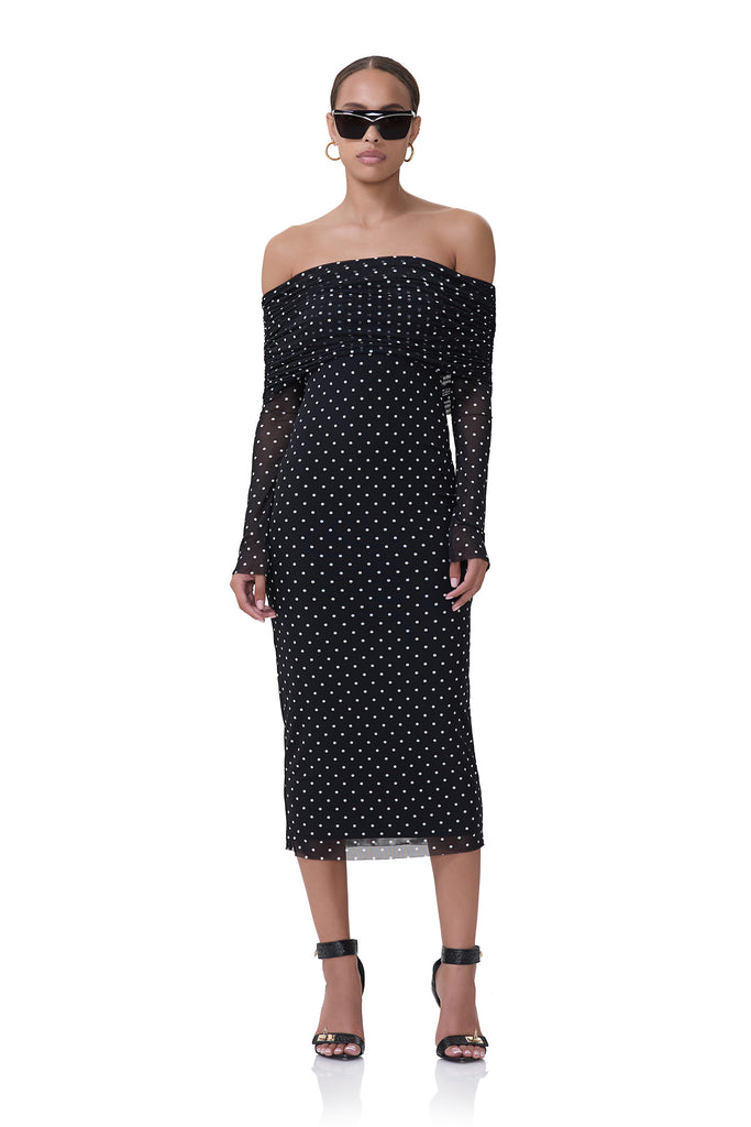 women's knee length off the shoulder long sleeve mesh dress in noir dot print