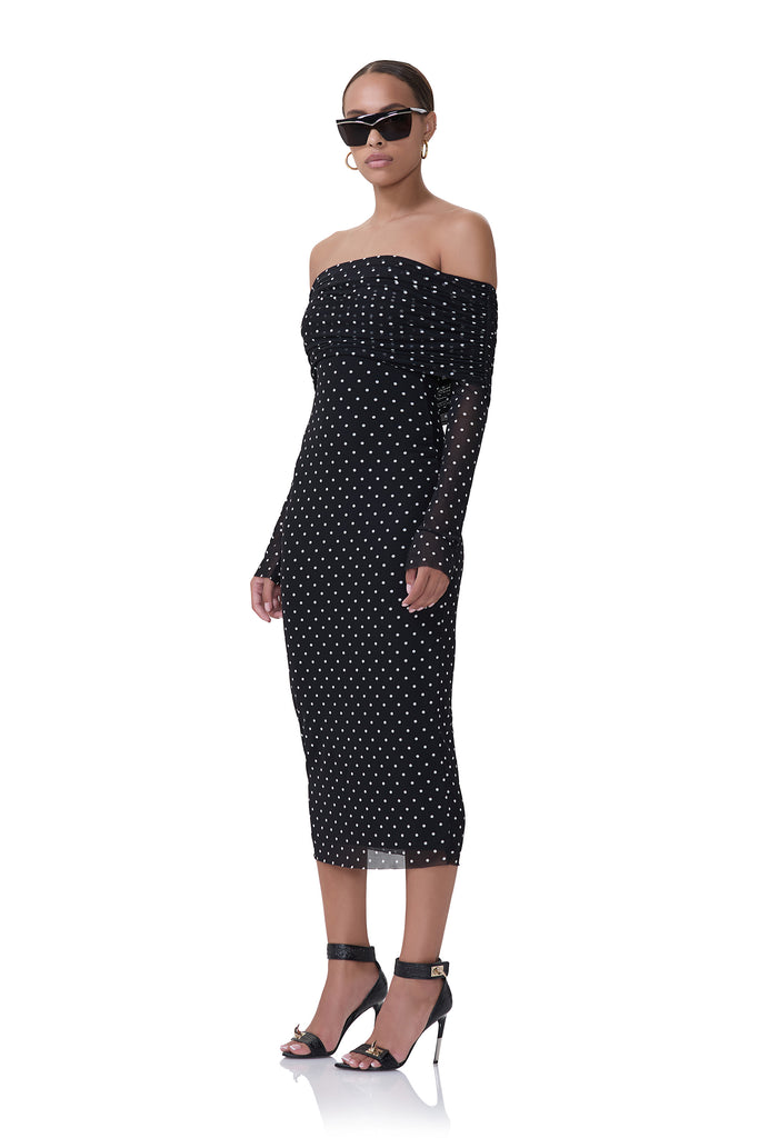 women's knee length off the shoulder long sleeve mesh dress in noir dot print