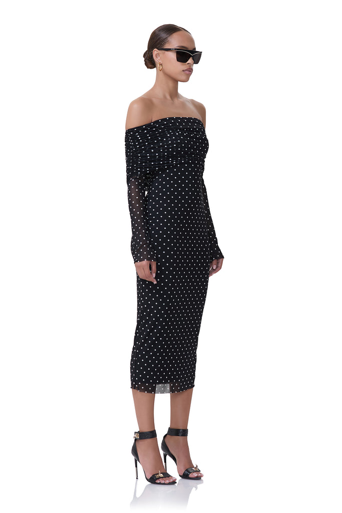 women's knee length off the shoulder long sleeve mesh dress in noir dot print