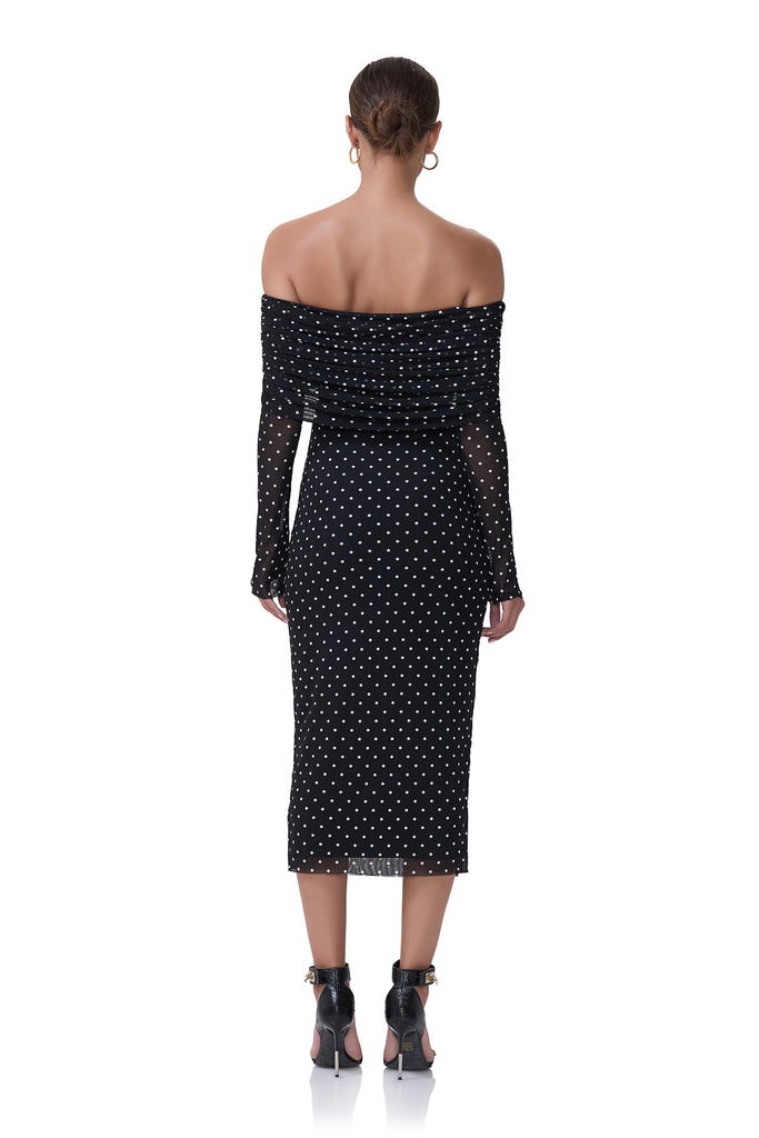 women's knee length off the shoulder long sleeve mesh dress in noir dot print