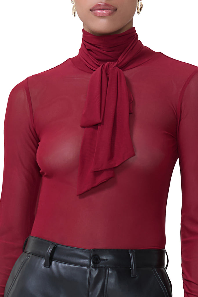 women's sheer long sleeve top with adjustable self neck tie and ruched sleeves in rhubarb