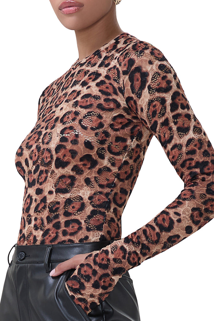 women's sheer crew neck long sleeve top in crochet lace cocoa leopard print