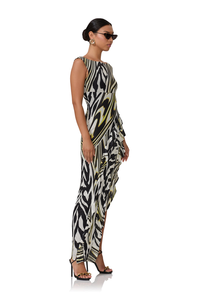 women's maxi dress with ballerina neckline, high slit and ruffle detailing in zebra lime print