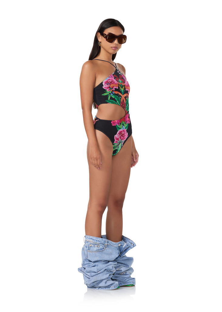 women's bodysuit with  asymmetrical neckline and cutout torso in body floral print