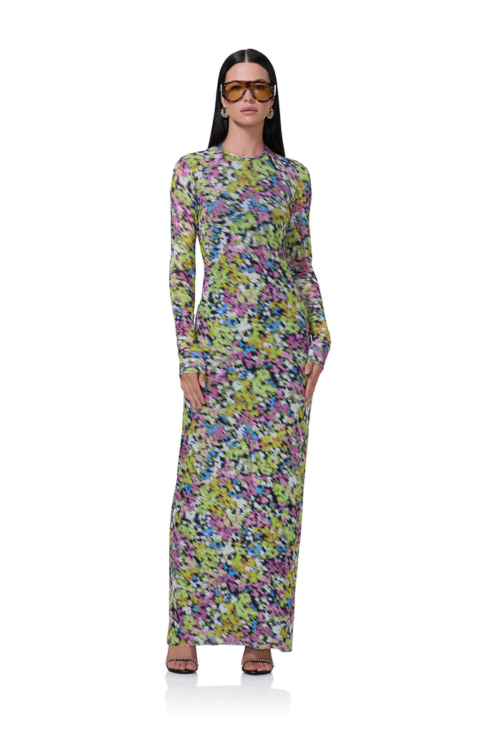 women's maxi length long sleeve dress with crew shape neckline in olive blur floral print