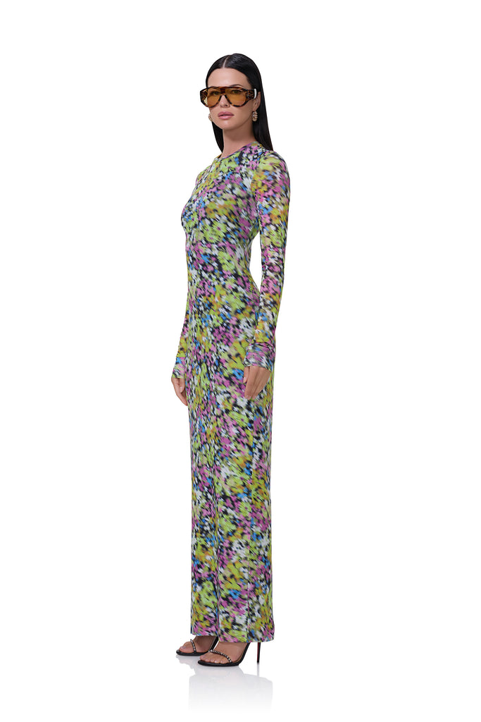 women's maxi length long sleeve dress with crew shape neckline in olive blur floral print