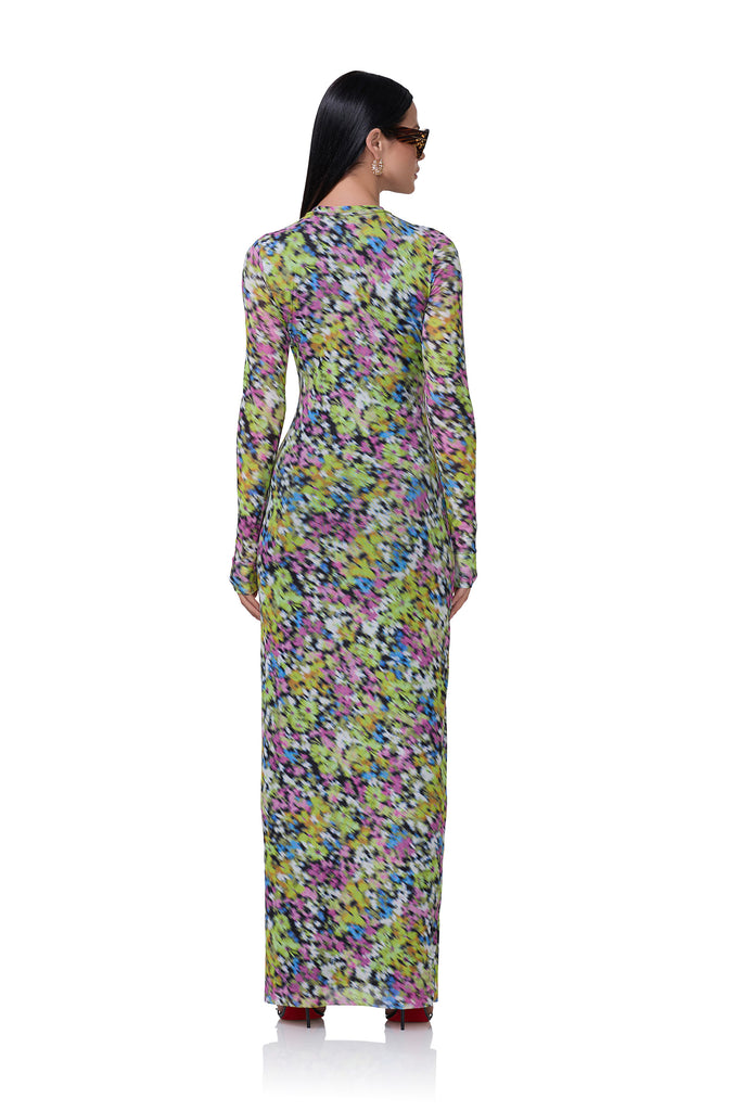 women's maxi length long sleeve dress with crew shape neckline in olive blur floral print