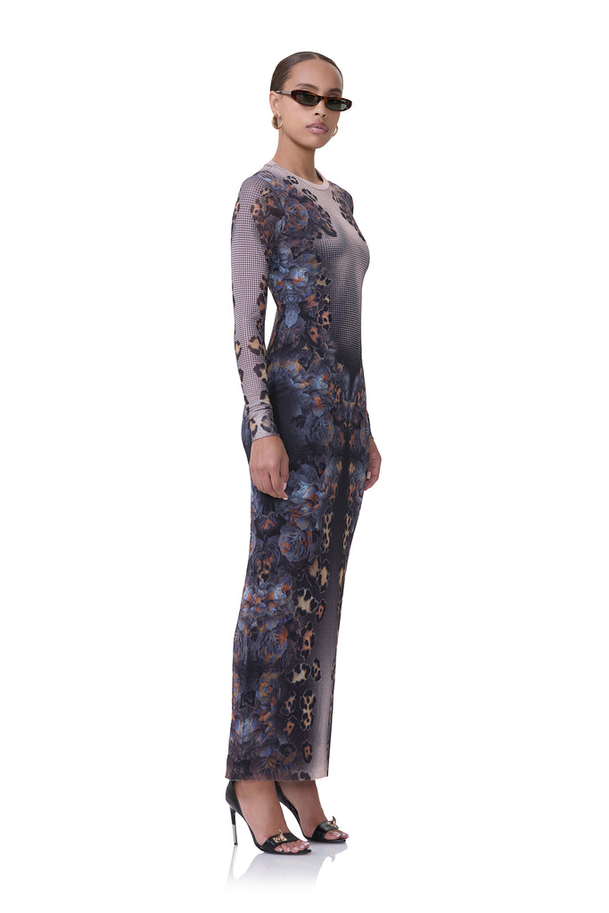 women's maxi length long sleeve dress with crew shape neckline in nude leopard print