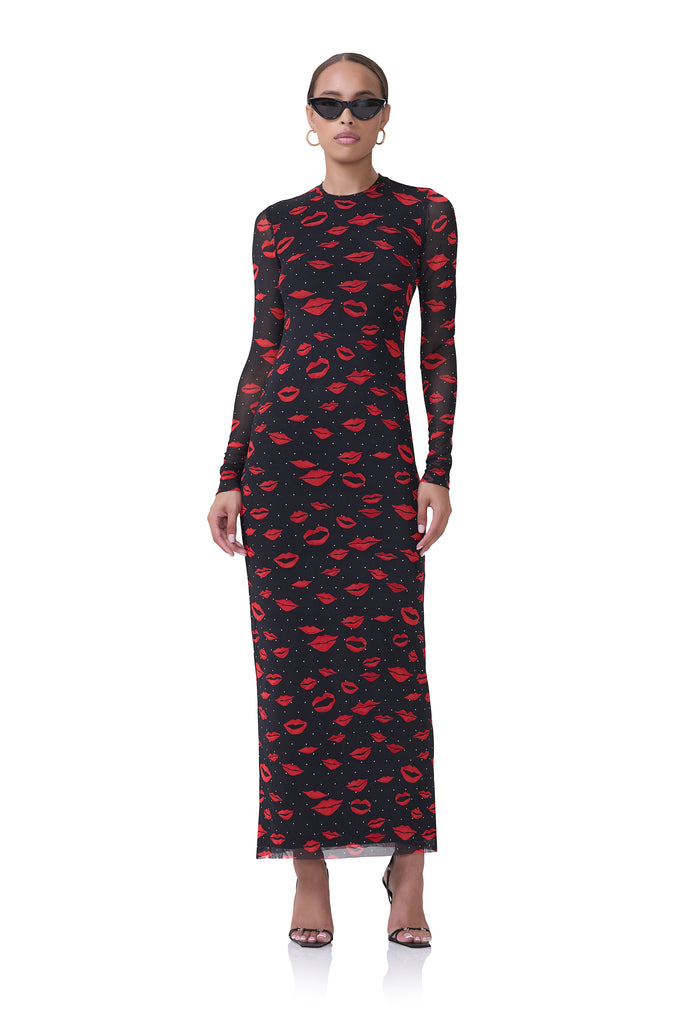 women's maxi length long sleeve dress with crew shape neckline in rouge kiss print