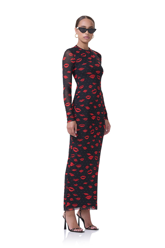 women's maxi length long sleeve dress with crew shape neckline in rouge kiss print