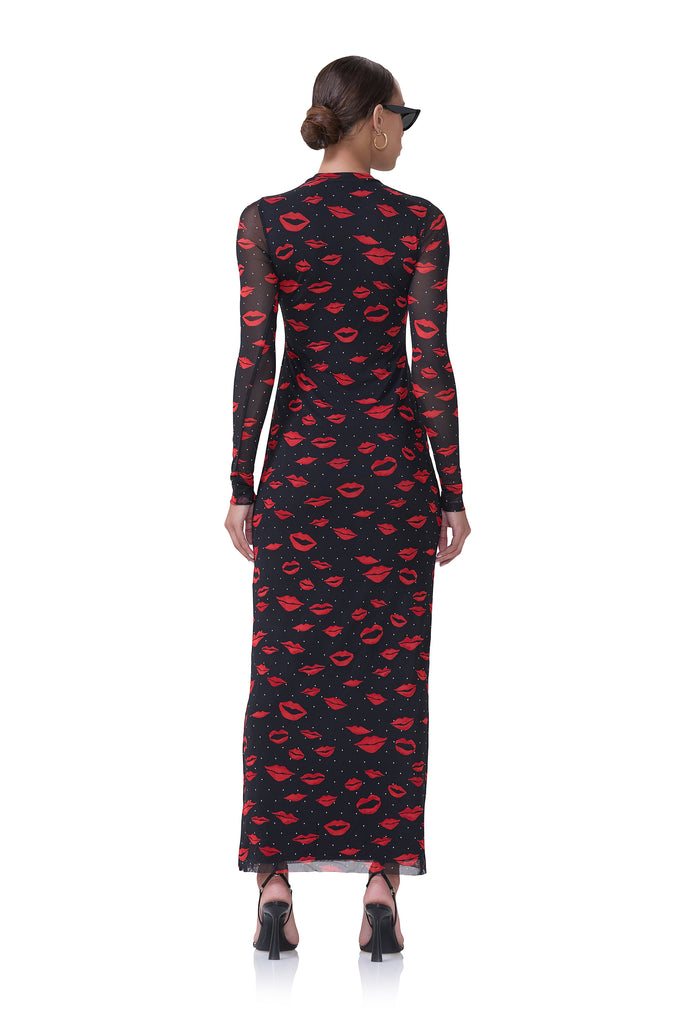 women's maxi length long sleeve dress with crew shape neckline in rouge kiss print