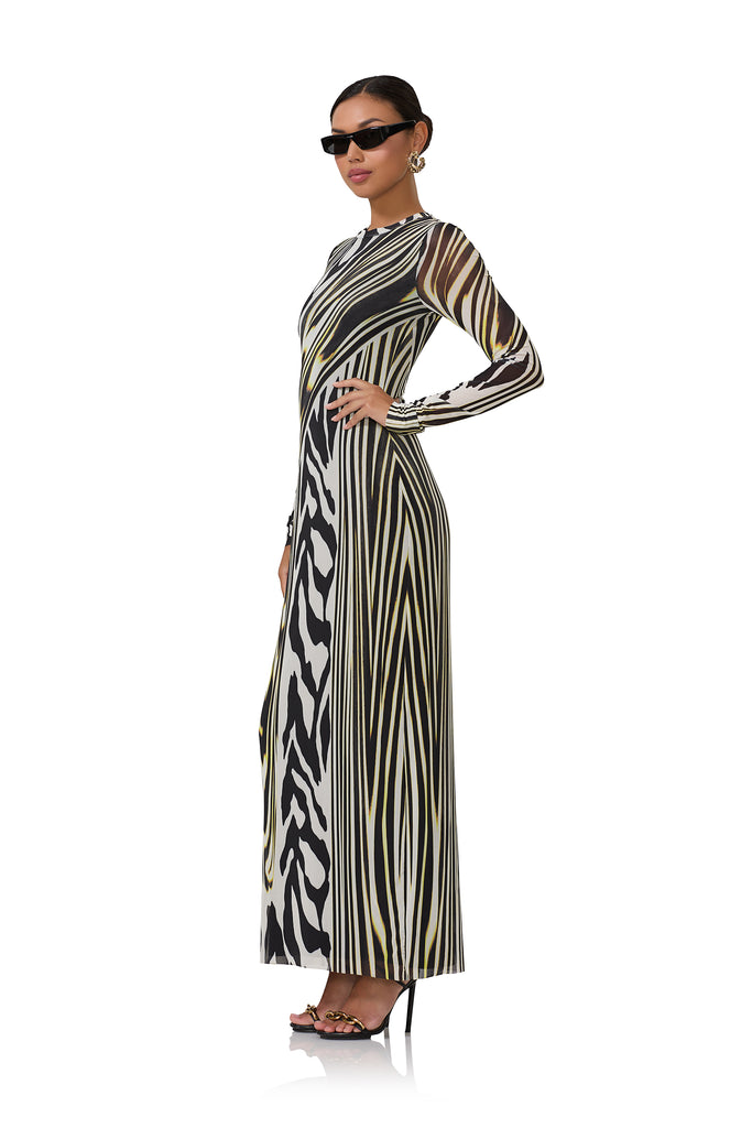 women's maxi length long sleeve dress with crew shape neckline in zebra lime print