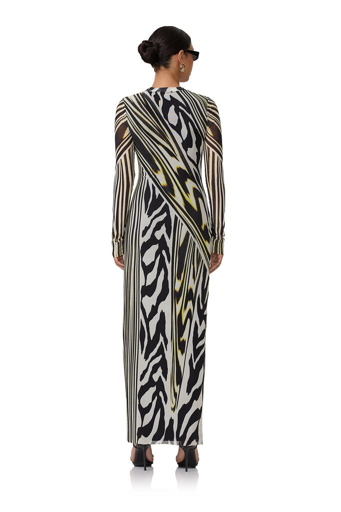 women's maxi length long sleeve dress with crew shape neckline in zebra lime print