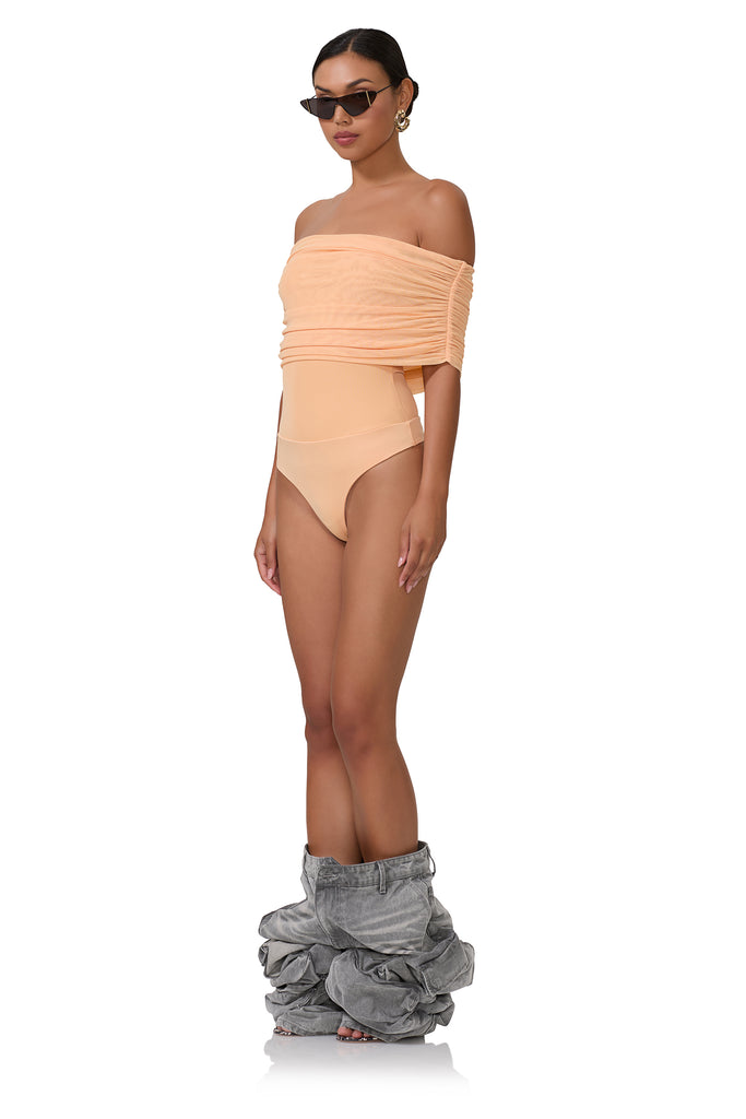 women's off the shoulder bodysuit with gathering detail across the chest in peach fuzz 