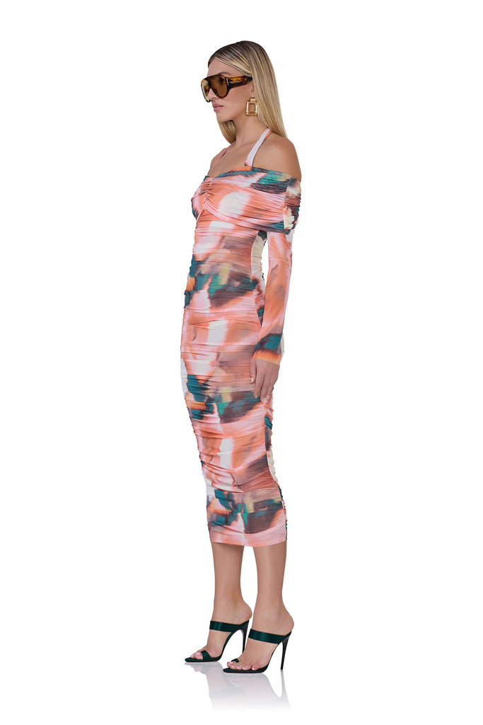 women's off the shoulder ruched dress with long sleeves and halter neckline in spice watercolor print