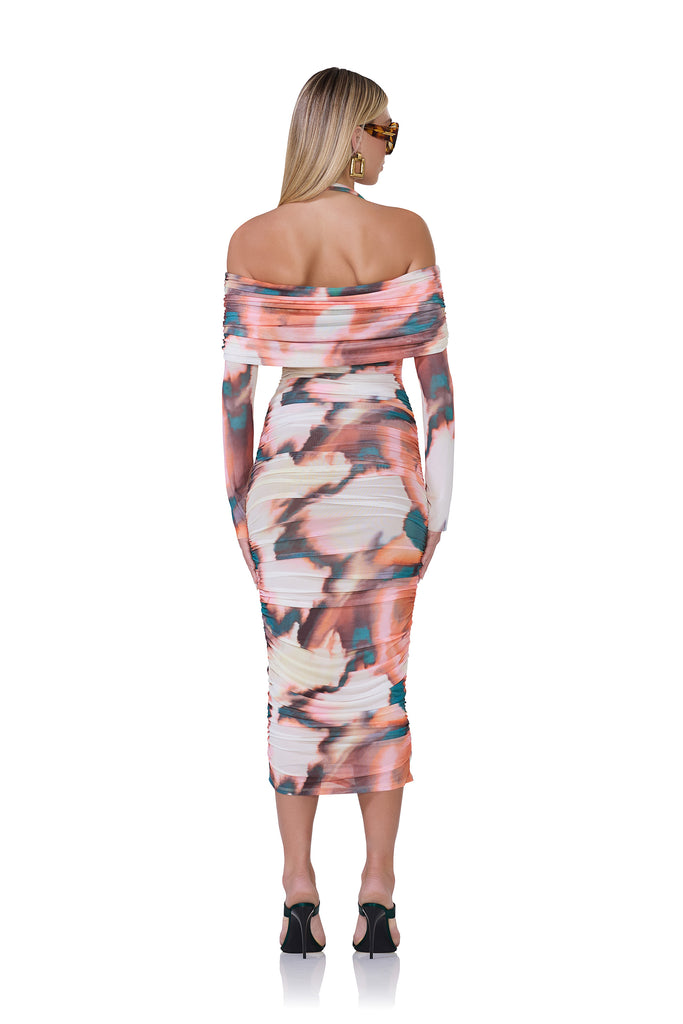 women's off the shoulder ruched dress with long sleeves and halter neckline in spice watercolor print