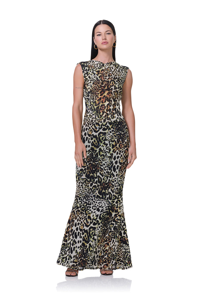 women's sleeveless top with draped cowl back and semi sheer, wide neck top in fall animal print