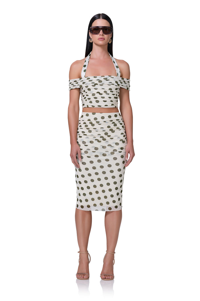 women's halter neck crop top with an off the shoulder neckline in birch dot print