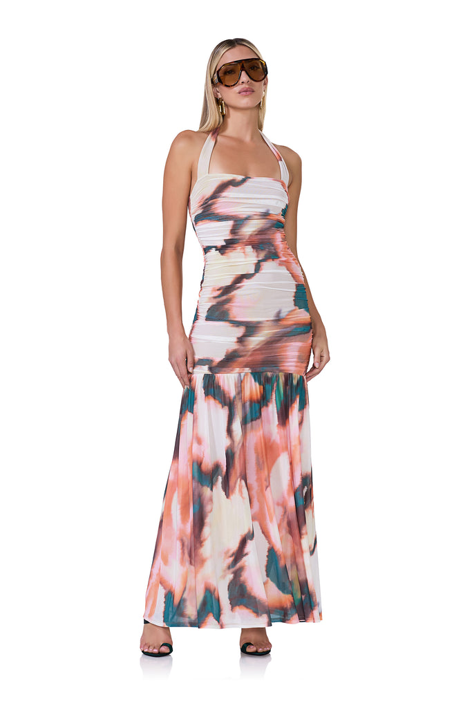 women's maxi length ruched dress with halter neckline in spice watercolor print