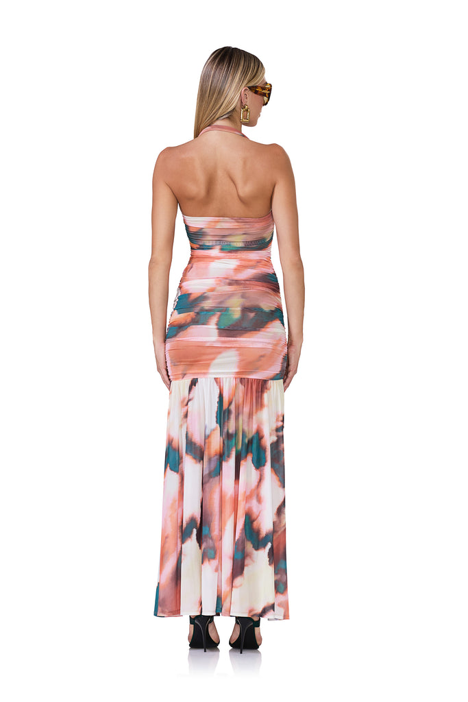 women's maxi length ruched dress with halter neckline in spice watercolor print