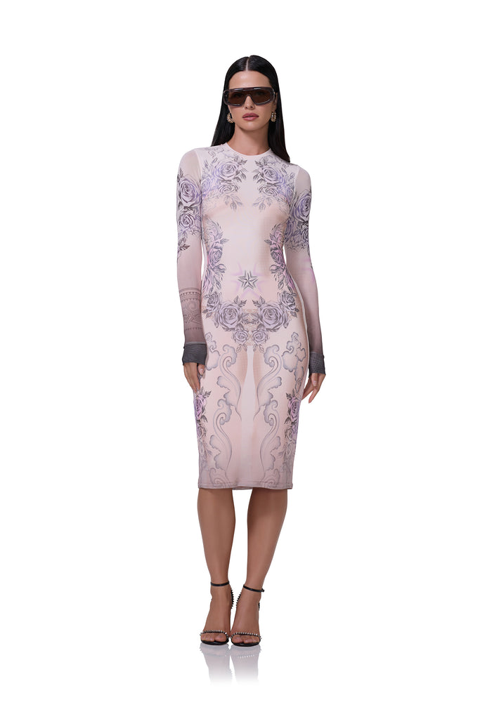 women's midi length mesh dress with long sleeves in lilac tattoo print