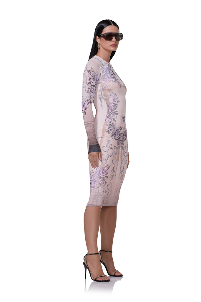 women's midi length mesh dress with long sleeves in lilac tattoo print