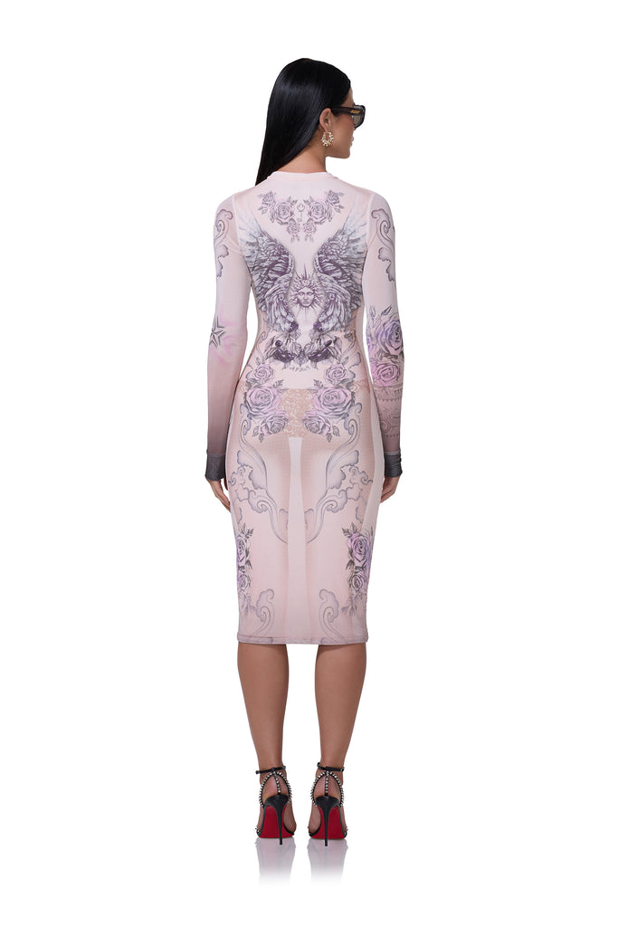 women's midi length mesh dress with long sleeves in lilac tattoo print