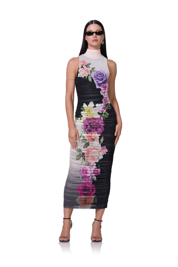 women's mesh midi length turtleneck dress with fitted silhouette in colorblock floral print