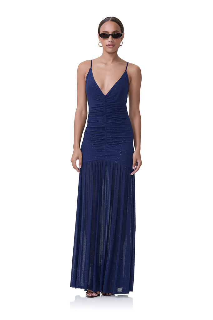 women's lowcut dress with drop waist, rouching on the body, and wide sweep and rhinestone details in bright navy