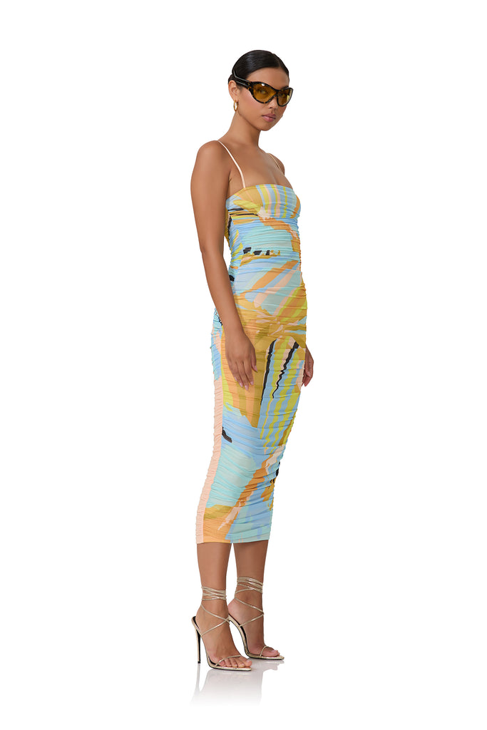 women's fitted mesh knit midi length dress with all over ruching and adjustable straps in bird of paradise print