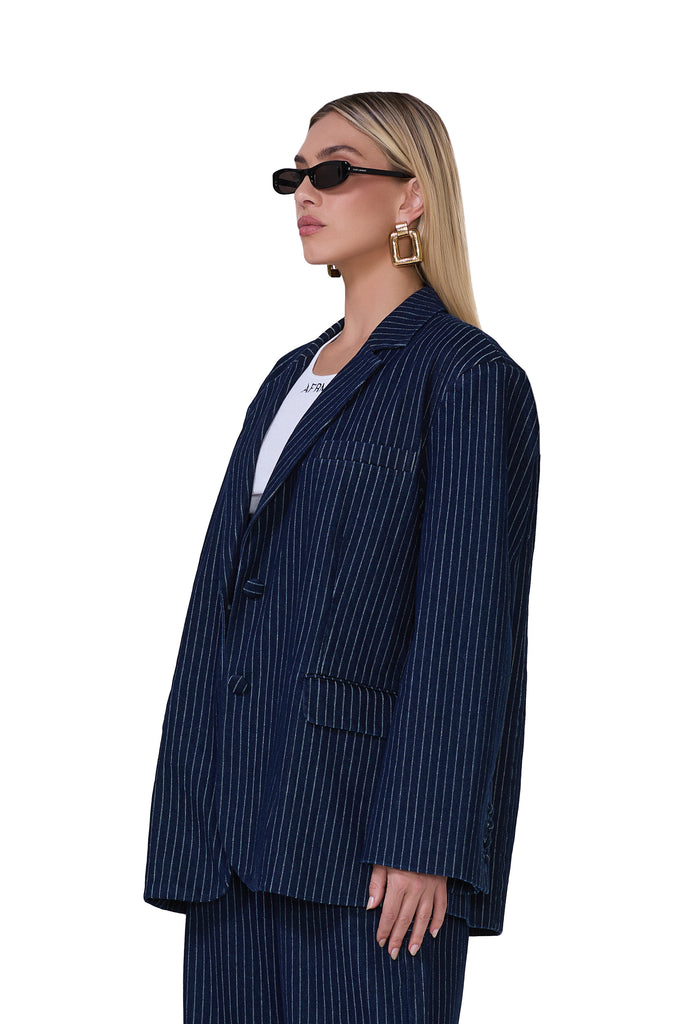 women's long sleeve oversized blazer in pinstripe and dark wash 