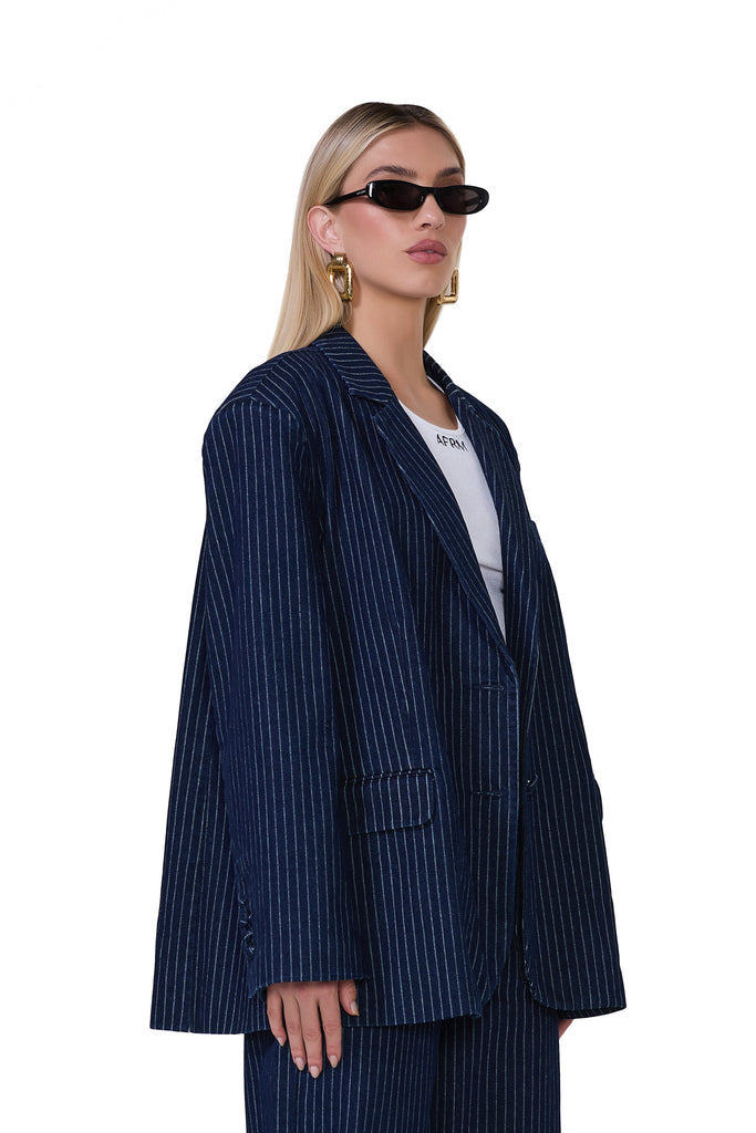 women's long sleeve oversized blazer in pinstripe and dark wash 