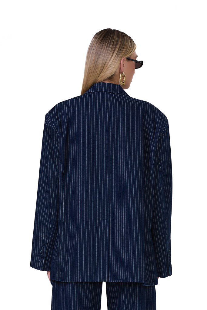 women's long sleeve oversized blazer in pinstripe and dark wash 