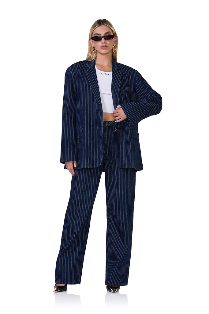 women's long sleeve oversized blazer in pinstripe and dark wash 