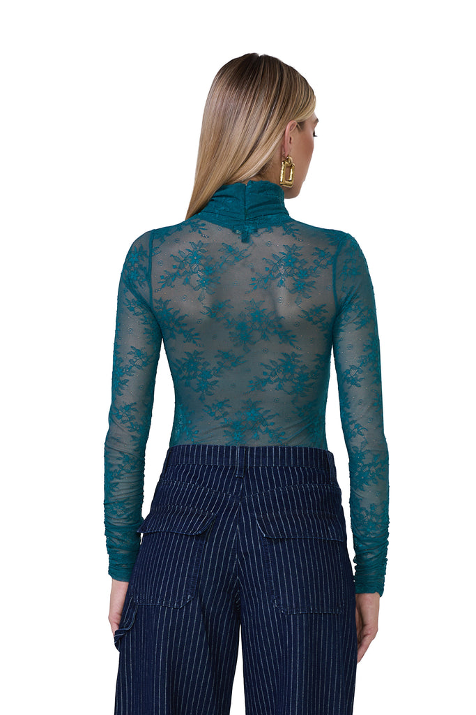 women's sheer lace long sleeve top with adjustable self neck tie and ruched sleeves in spruce