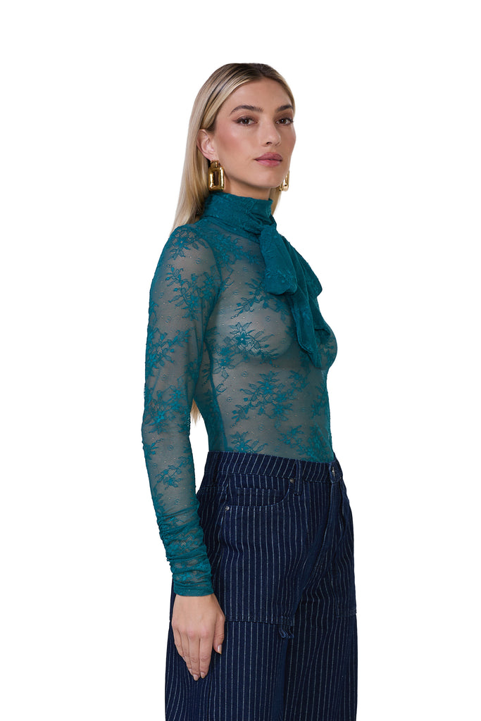 women's sheer lace long sleeve top with adjustable self neck tie and ruched sleeves in spruce