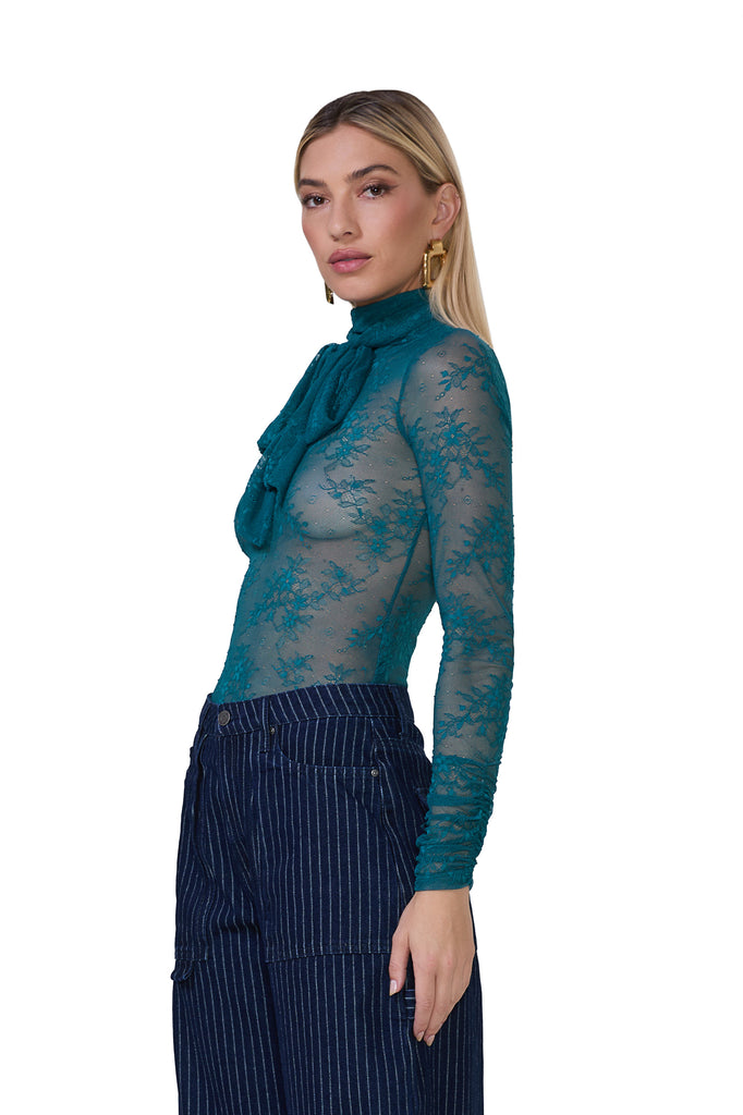 women's sheer lace long sleeve top with adjustable self neck tie and ruched sleeves in spruce