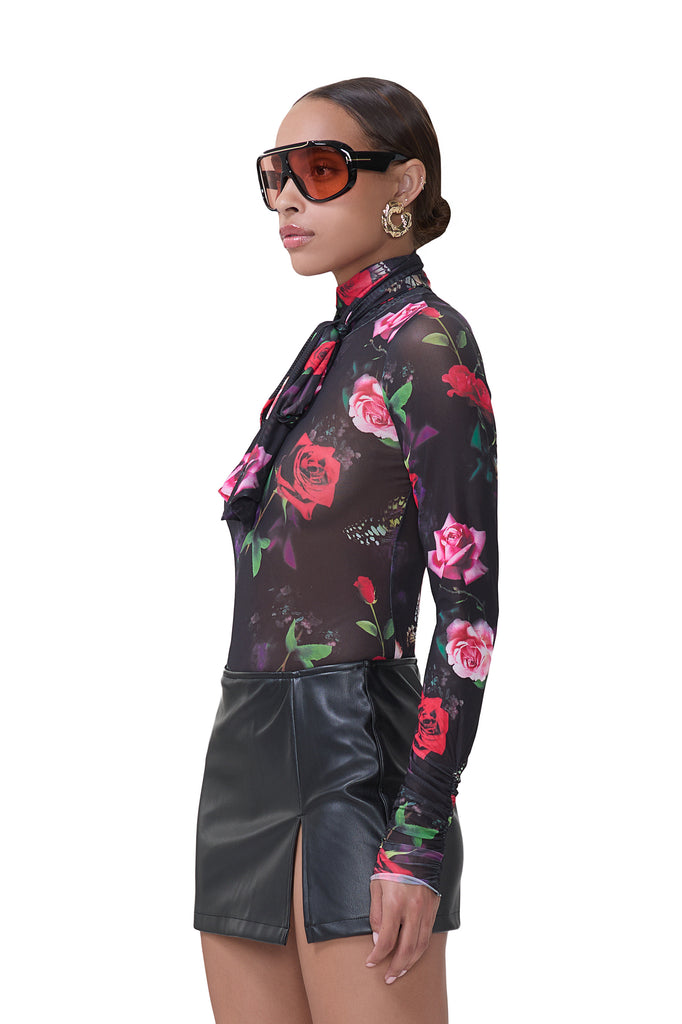 women's sheer long sleeve top with adjustable self neck tie and ruched sleeves in mixed rose print