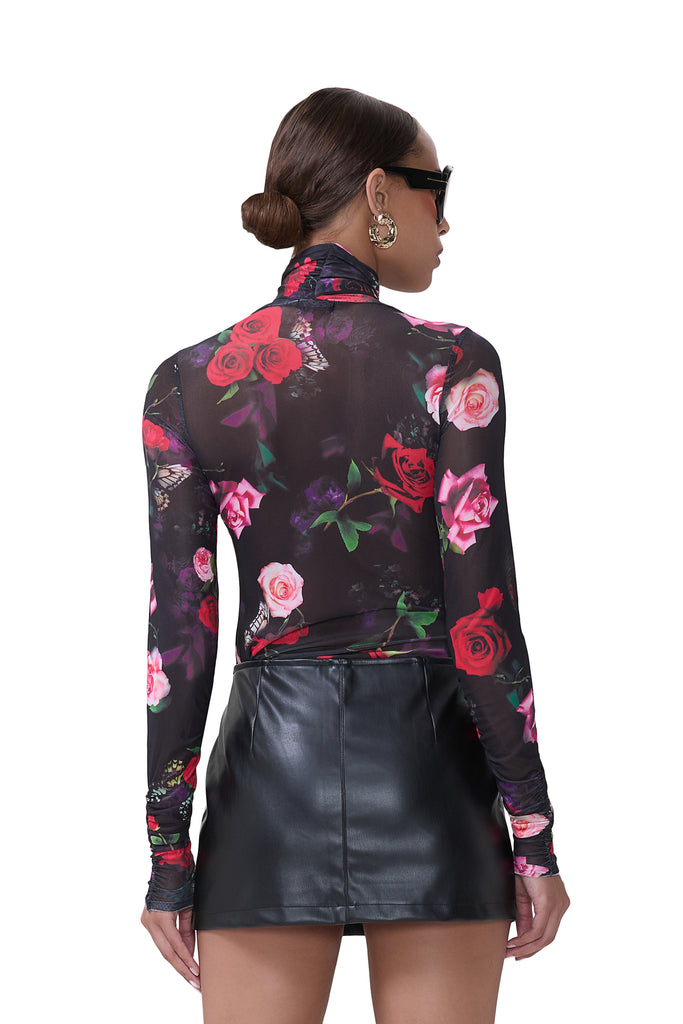 women's sheer long sleeve top with adjustable self neck tie and ruched sleeves in mixed rose print