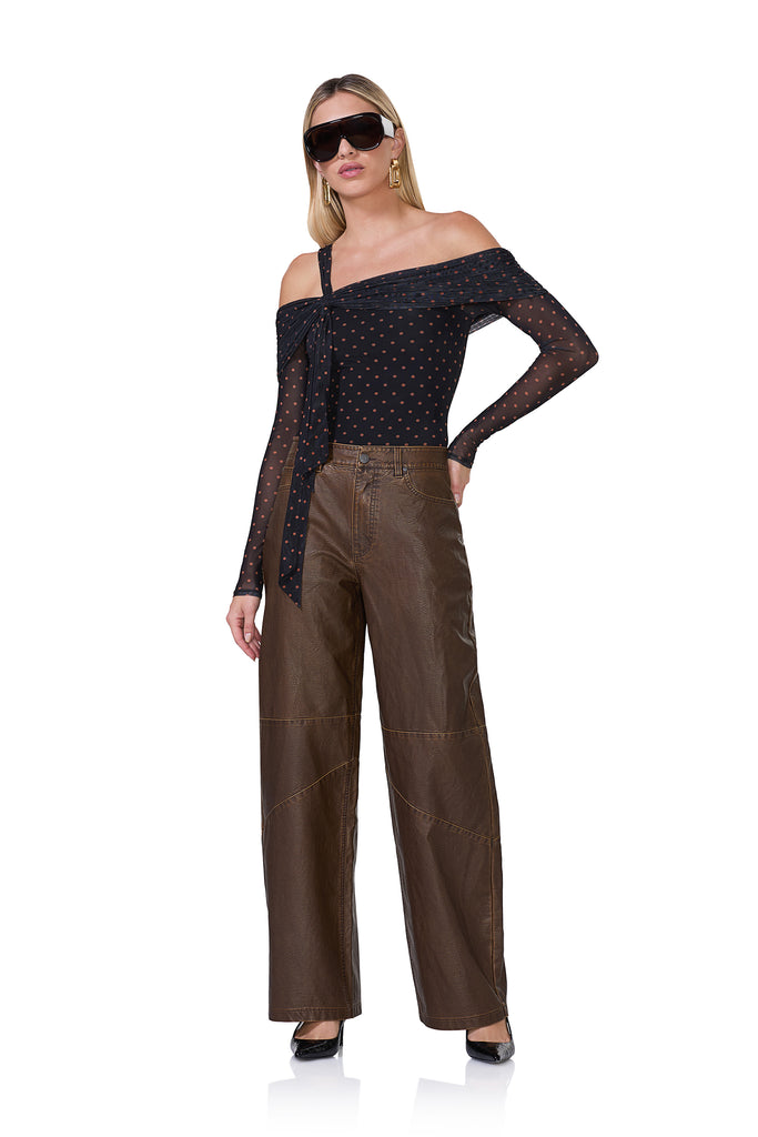 women's long sleeve off the shoulder bodysuit with a faux knot overlap in sepia dot print 