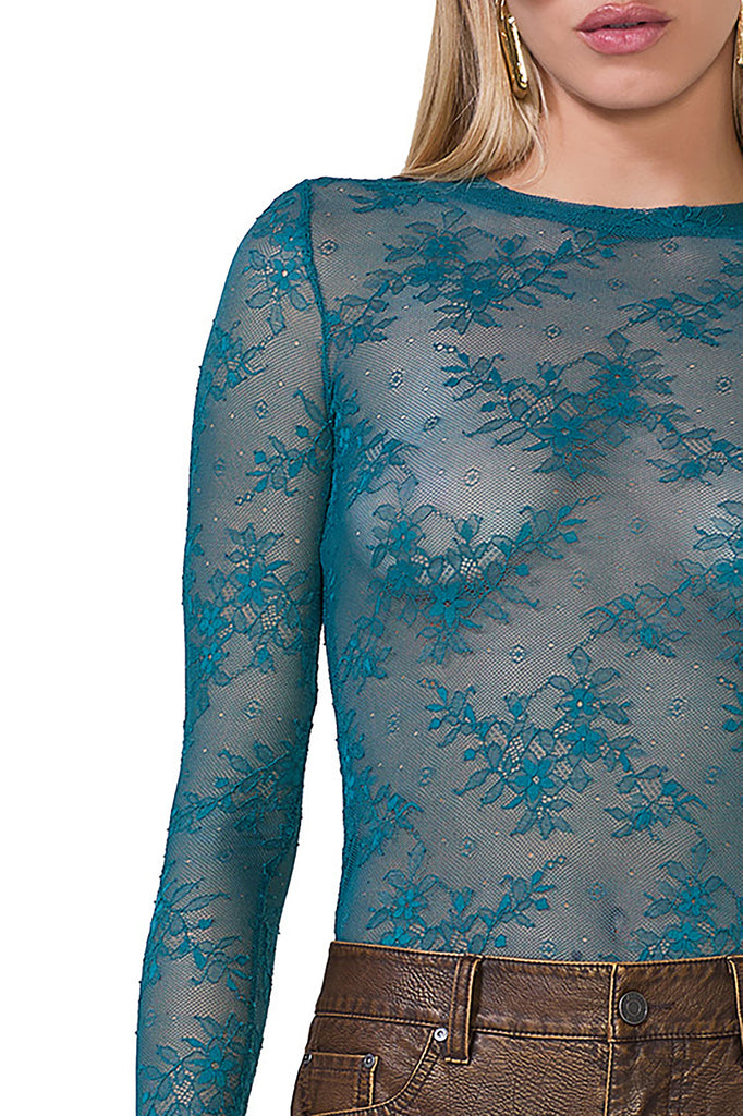 women's lace sheer crew neck long sleeve top in spruce