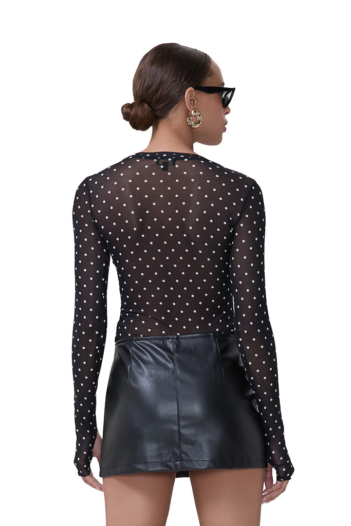 women's crew neck sheer mesh long sleeve top in noir dot print 