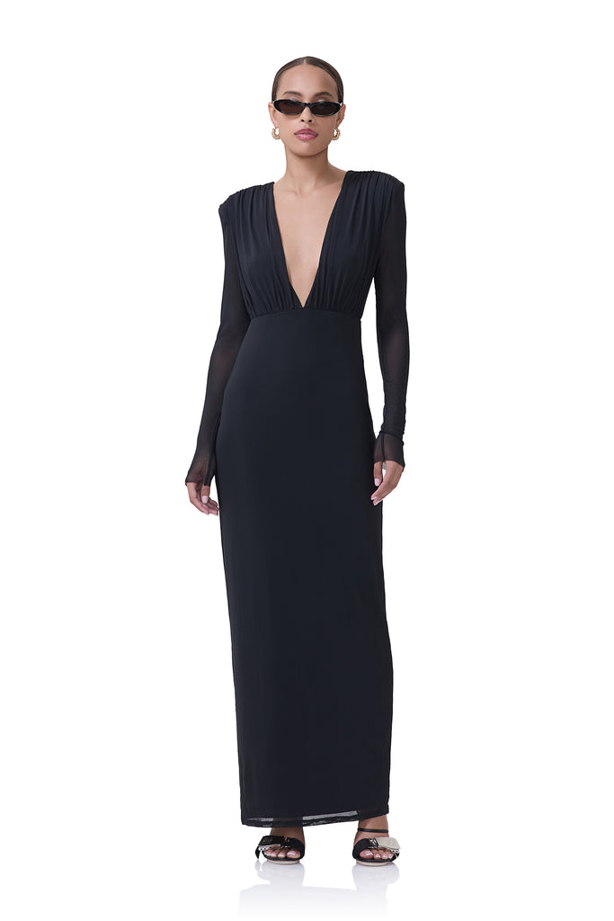 women's long sleeve dress with plunging neckline and built in shoulder pads in black