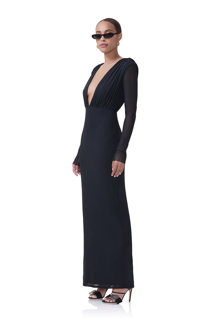 women's long sleeve dress with plunging neckline and built in shoulder pads in black