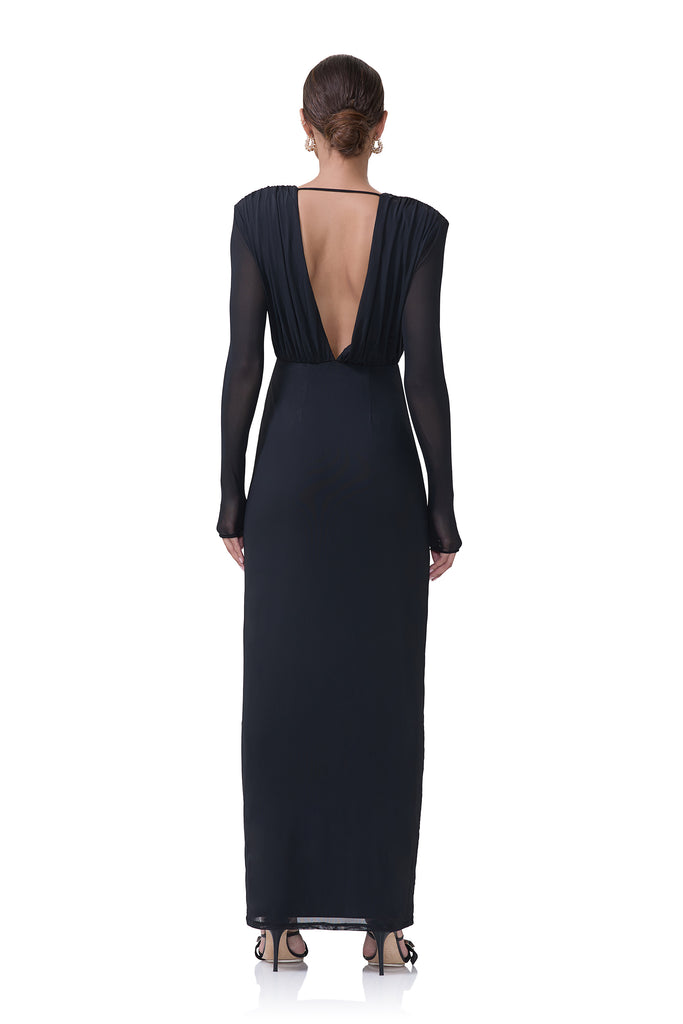 women's long sleeve dress with plunging neckline and built in shoulder pads in black