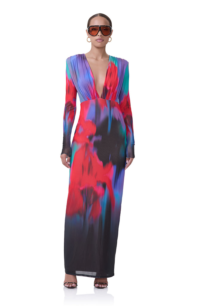 women's long sleeve dress with plunging neckline and built in shoulder pads in romantic fleur print