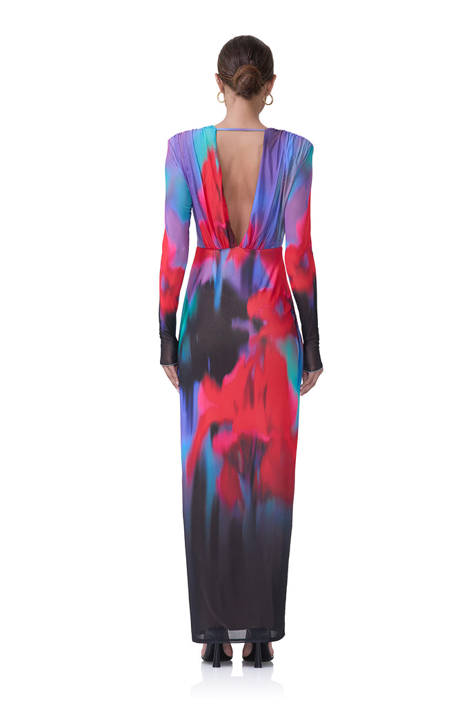 women's long sleeve dress with plunging neckline and built in shoulder pads in romantic fleur print