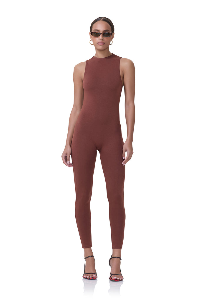 women's sleeveless jumpsuit with mockneck in cocoa